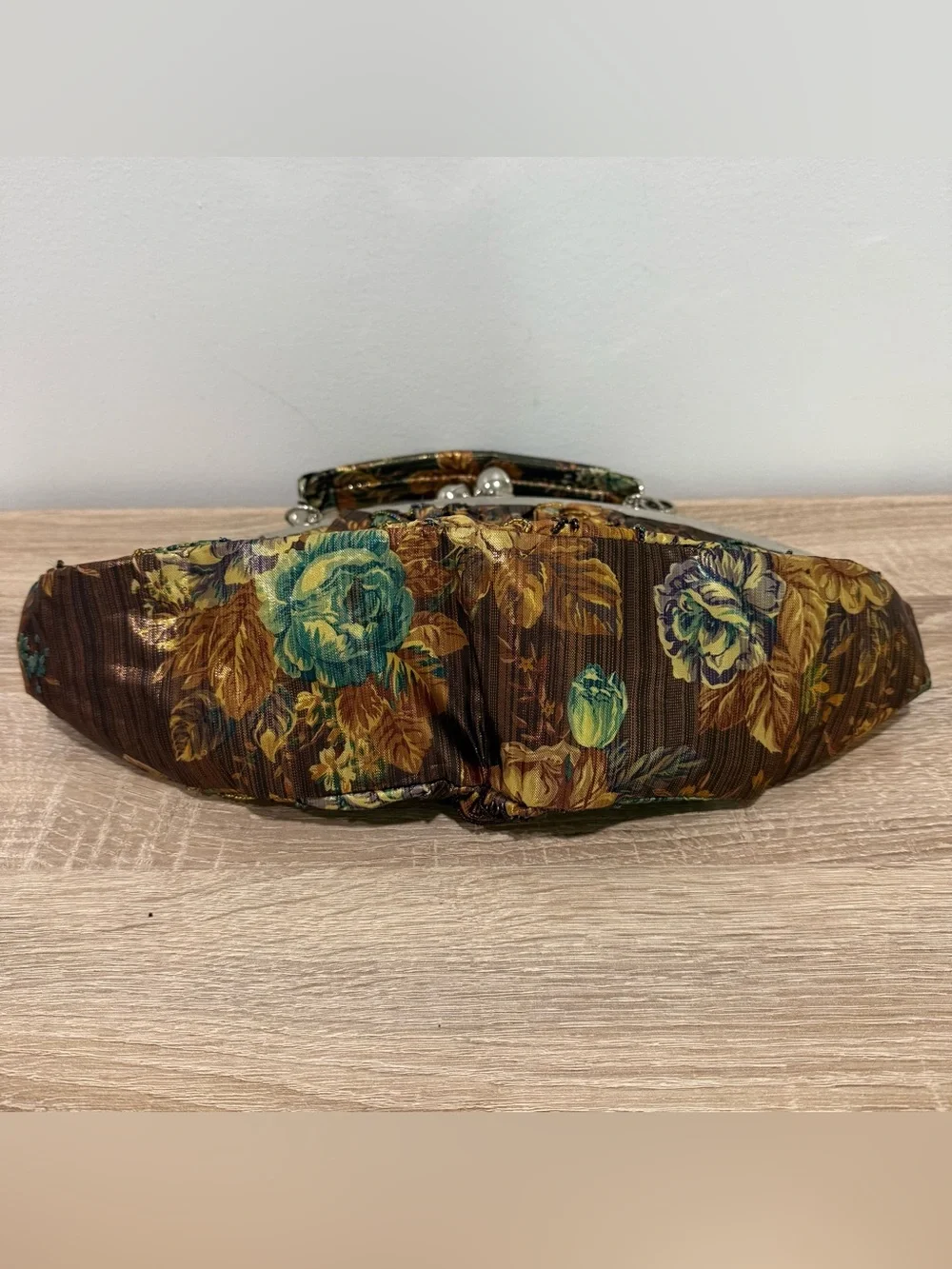 Vtg INS Metallic Brocade Floral Beaded Evening Bag Gold Brown Kiss Lock Clutch